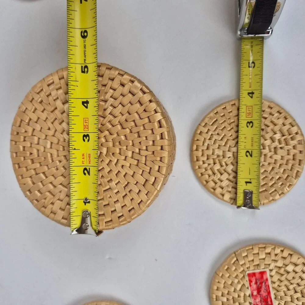 Vintage Wicker Rattan Coaster Set with Lidded Round Basket Case